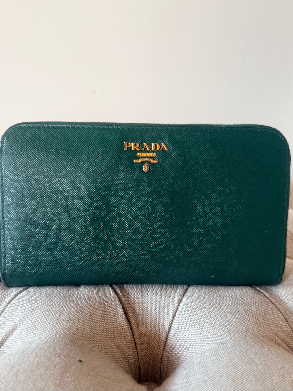 PRADA Emerald Green Saffiano Leather Zip Around Wallet Long Continental